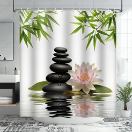 JEJOMEAG Zen Spa Japanese Shower Curtain Bamboo Leaves Black Stone Lotus Relaxing Meditation Minimalist Women Girls Polyester Fabric Bathroom Curtain with Hooks, 70x70 Inch