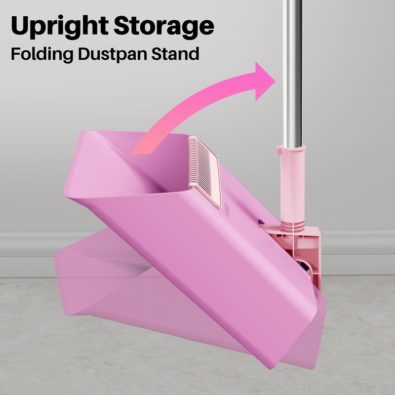 JOYMOOP Pink Broom and Dustpan Set, Upright Angle with Built-in