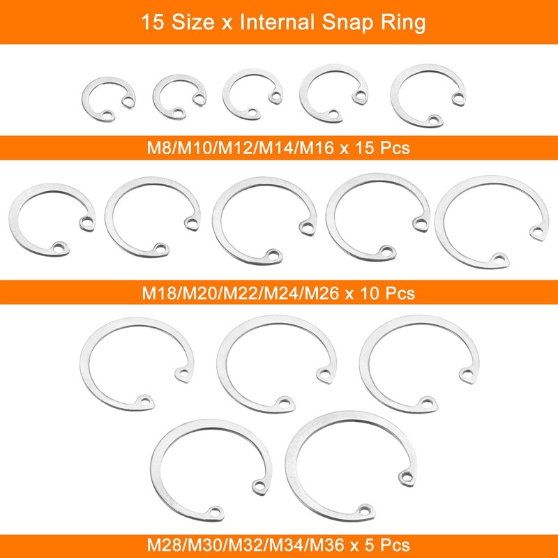 sourcing map 150Pcs Internal Retaining Ring Circlip Assortment Set, 304