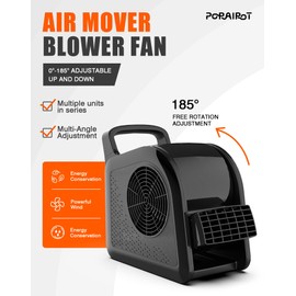 Porairot Blower Fan for Drying Cooling and Ventilating, Air Mover for Home Garage Workshop and Job Site Use, Air Mover Blower Fan with 185° Rotation, 3 Speeds, 2 AC Outlets, Black