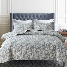 DURLENGEN Bluish Grey Botanical Quilt Set Queen Size 3Pcs, Bluish Grey Printed with Beige Leaves Pattern, All Season Lightweight Coverlet Sets(Queen 90x96,Beige Botanical)
