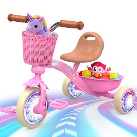 Kkdi Toddler Tricycle for 1-3 3-5 Year Olds, 2 3 4 5 Year Old Girl Birthday Gifts, Pink Toddler Baby Bike, Outdoor Riding Toys for Ages 2-4, 4-Level Adjustable Seat, 3 Color Light Wheels, 2 Baskets