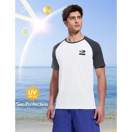 Haimont Mens Sun Protection Shirts Rash Guard Lightweight Stretch Wicking Tops for Beach Surf Fishing, White/Dark Grey, XL