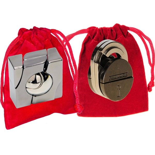Marble & Padlock Hanayama Brain Teaser Puzzles, with RED Velveteen Drawstring Pouches - Bundled Items