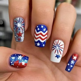4th of July Press on Nails Medium Square Fake Nails with Stars Designs Stripes Nails Press ons Red White Blue Acrylic Nails Independence Day Glue on Nails Glossy Stick on Nails for Women 24Pcs
