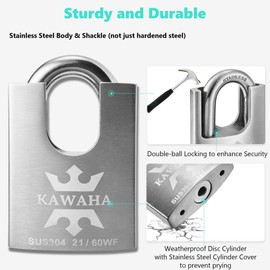KAWAHA 21/60KD-5SK High Security Stainless Steel Shrouded Padlock with Key for Both Indoor and Outdoor use (Heavy Duty, Anti-Rust) (2-3/8 in. (60mm), Keyed Different - 5 Stainless Steel Keys)