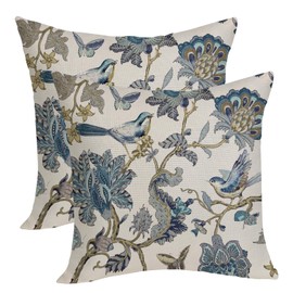 OFIRD Chinoiserie Pillow Covers 18x18 Pack of 2 Blue Birds Floral Throw Pillow Covers Outdoor Decoration,Vintage Flower Pillowcase Farmhouse Decorative Linen Cushion Case for Home Couch Sofa