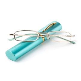 Nebee Fashion "Pocket" Readers Ultra Compact Spring Temple Reading Glasses w/Portable Pocket Clip Aluminum Case Teal +3.00