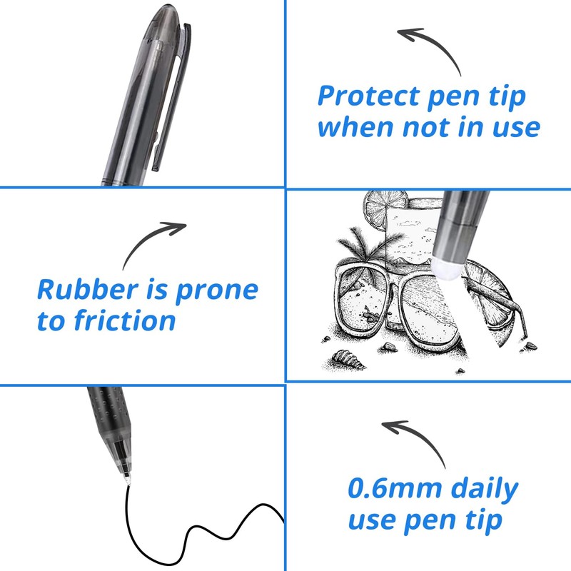 8pcs Erasable Pens Black Friction Pen, 0.7mm Rub Out Pens