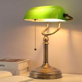 NISSAFORS Bankers Desk Lamp, Green Glass Shade, Vintage Desk Lamp with Pull Chain Switch, Retro Table Lamps for Home Office (Retro Gold+Green, Large)