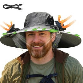 Solar Powered Fan Hat with 2 Removable Fans Wide Brim Sun Hat for Men Women, UPF 50+ Outdoor Fishing, Hiking Gardening, USB Solar Charging Grey