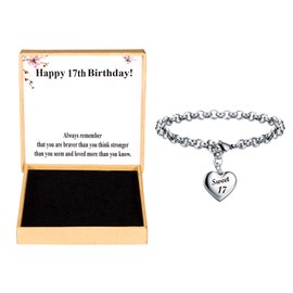 KGBNCIE Happy 17 Year Old Gifts for Girls Heart Charm Bracelet for 17th Birthday Gift Adjustable Jewelry for Her