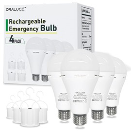 ORALUCE Emergency Rechargeable Light Bulbs 60 Watt, Warm White 3000K Battery Powered Light Bulb E26 Base, LED Battery Operated Light Bulb Long Lasting for Lamps, Power Outage, Sconces, 4 Pack