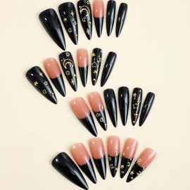 ANDGING Black Press on Nails Long Stiletto French Tip Fake Nails with Gold Moon Star Design Glue on Nails for Women Acrylic False Nails Stick on Nails Manicure Press on Nail for Wedding 24Pcs