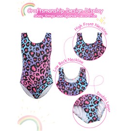 XiaoMoSha Girls Three-Piece Gymnastics Set Sleeveless Purple Girls Leotards with Shorts and Hairband Glitter Gradient Color Dance Ballet Unitards Gymnastics Outfits, PurpleLeopard, 9-10 Years