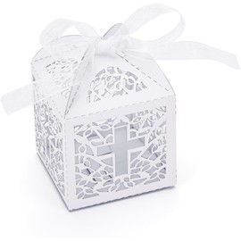 Yadiana 50PCS Laser Cut White Baptism Favor Boxes with Ribbons Elegant Candy Boxes for Baby Shower Christening First Birthday Party Decorations(Cross)