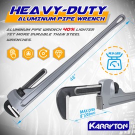 KARRYTON 48 Inch Aluminum Pipe Wrench, 8"/200mm Adjustable Jaw Capacity, Heavy Duty Straight Handle Plumbing Wrenches Plumbers Tool, Exceed the Standard GGG (48-INCH)