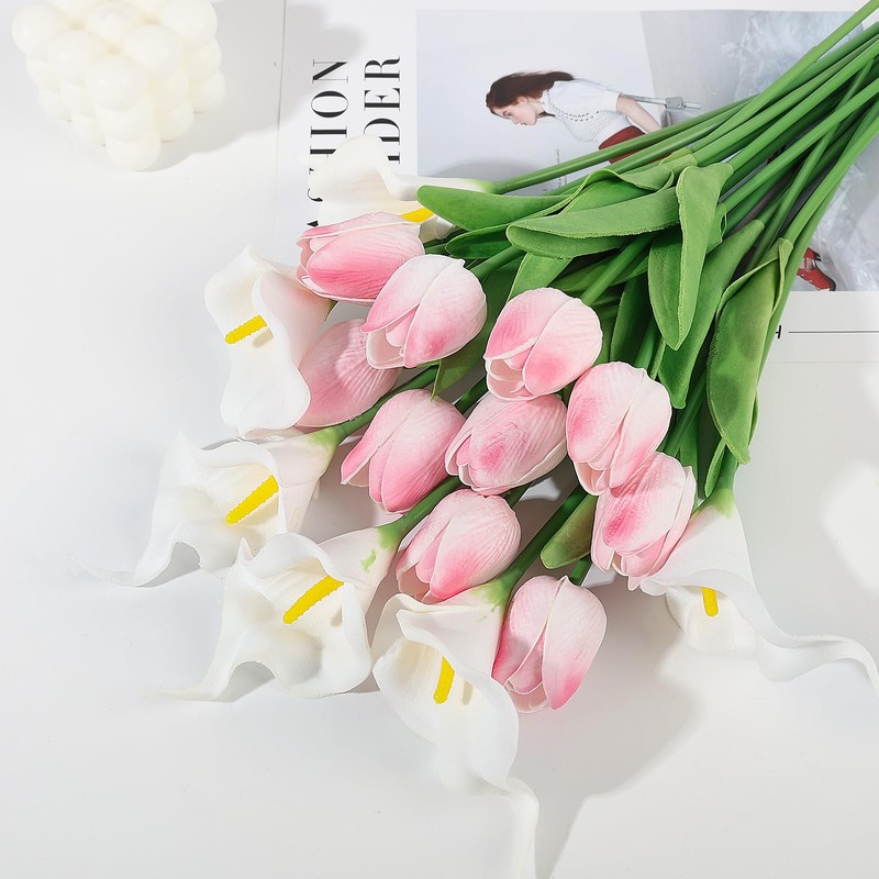 DEEMEI 16Pcs Artificial Pink Tulips & White Calla Lily Silk