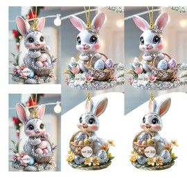 6Pcs Easter Decorations Easter Car Hanging Ornament 2D Flat Acrylic Hangable Rearview Mirror Pendant Cute Cartoon Rabbit Easter Eggs Ornaments Car Pendant Spring Easter Decorations Accessories