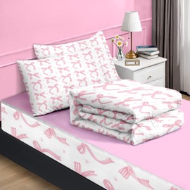 Nesker Twin Zipper Bedding, Ribbon Bow Knot Zipper Bedding Sets for Girls, 3pcs All in on one, Cute Pink Bow Kids Comforter Set with Fitted Sheet and 1 Pillowcase