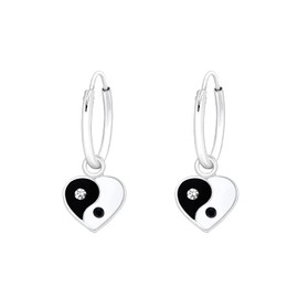 Yin Yang Heart Earrings with Crystal Stones - Dangling Charm Hoop - 925 Sterling Silver