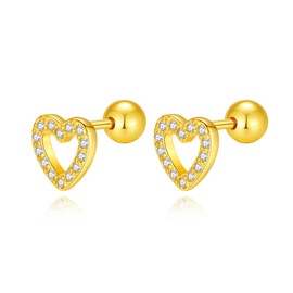 CZ Heart Studs Earrings for Women 925 Sterling Silver Small Screw Back Cartilage Stud Love Crystal Earring Hollow Out Sleeper Ear Tragus Piercing Post Valentine Jewelry, Tiny, Metal, Created Cubic
