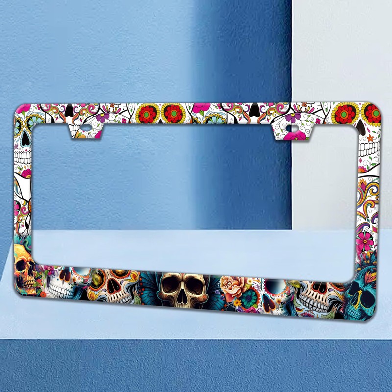 Sugar Skull License Plate Frame Skeleton Flowers License Plate Holders