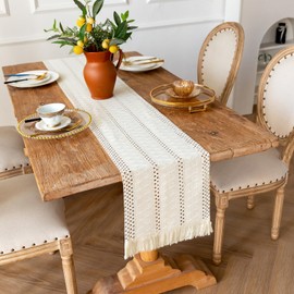 Beige Tischläufer 30x140cm Boho Makramee Baumwolle Flachs Deko Tischdecke mit Quasten & Häkelspitze Abwaschbar für Hochzeit Küche Vintage Bauernhaus Deko | Landhausstil Rustikal