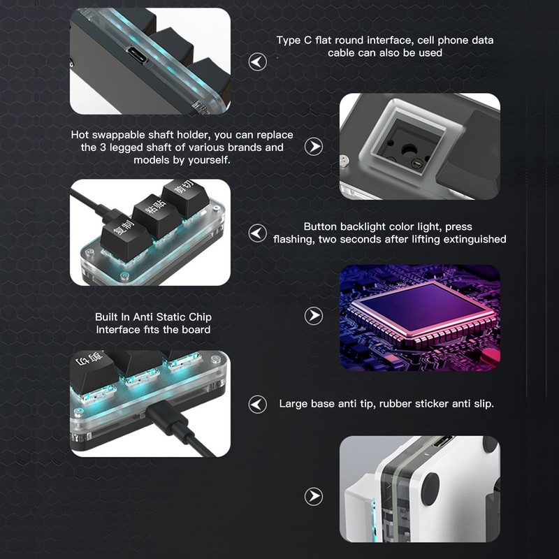 3 Key Mini Keypad Industrial USB Customized Blue Switch Programmable