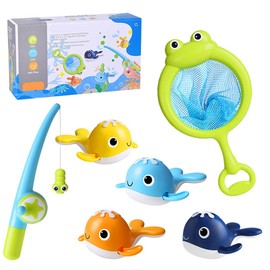Juguetes de Baño, pack de 4 Simpáticas Ballenas juguetes de Baño con Caña de Pescar de Juguete y Red, Juguetes Flotantes, Juguetes de Agua para Niños para Shower, Playa, Piscina, Hora del Baño.