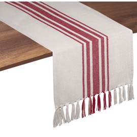 Native Fab Red Striped Table Runner - 90 Inches Long Farmhouse Table Covers with Tassels - 100% Cotton, Tight Weave, Non-Slip Tablerunner for Dining, Kitchen, Dresser, Events - Red White (14"x90")