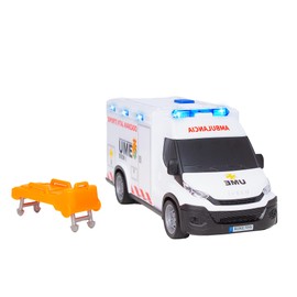 Dickie Toys - Ambulanza IVECO dell'UME 18 cm, ambulanza giocattolo, luce e suono, ruota con rotazione libera, con lettino, veicolo giocattolo per bambini e bambine a partire dai 3 anni (203713014SI5)