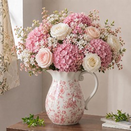 Jarrón floral rosa con asa de 7.9 pulgadas retro rústico chinoiserie florero floral de cerámica agrietada con hielo soporte grande para decoración del hogar, estantería, oficina, sala de