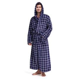 FG FEAYIGUDIM Mens Plush Plaid Hooded Robe, Full Length Fleece Big and Tall Bathrobe with Hood