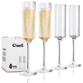 Ciaell Champagne Flutes Set of 4 - Vintage Ribbed Crystal Hand Blown Champagne Glasses With Long Stem - Elegant Sparkling Wine Stemware - Unique Gift for Birthday, Wedding, Anniversary & Daily Use