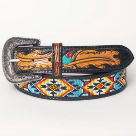 American Darling Large Hand Tooled Black Genuine Leather Beaded Belt Men & Women Western with Removable Buckle