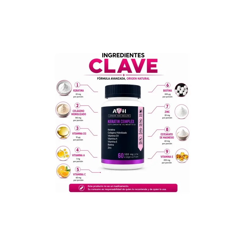 Suplemento Nutricional Keratina Colágeno Vitamina D3 60 Cápsulas A4H