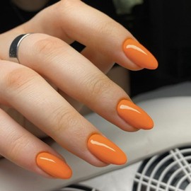 Orange Press On Nails - Short Almond Shape, 24pcs Natural Acrylic Gel, Thick Solid Color Glue Ons