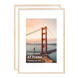 KINLINK A1 Picture frame Natural Wood, Solid Wood frame with Acrylic Plexiglass for Pictures A2 with Mat or A1 without Mat, Wall Mounting Display, 2 Pack