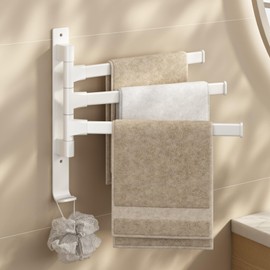 yozhch Kitchen Swivel Towel Rack Wall Mounted, Bathroom Rotating Small Towel Rack, Lavatory Swing Hand Towel Holder Folding Bar, Nail-free or Drilled Mounting Options, 3 Arm Length 32cm White