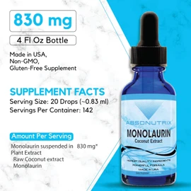 Absonutrix Monolaurin Liquid Extract - 4oz Liquid, 830 mg 142 Servings, Made in USA, Quick Absorption, Quality Potent Ingredients, Non-GMO, GMP Certified Facility, Cruelty-Free Products a