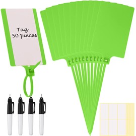 Waterproof Plastic Tags with Marker Pens and Sticker Labels, Self Locking Bag Tags Writable Tags with Wire Cable Ties for Luggage (Green, 50 Pieces)