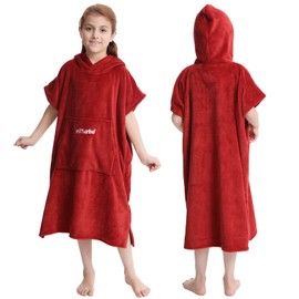 Hiturbo Kids Changing Robe Towel Poncho Bath Robe with Hooded for Beach,Swimming,Surfing Red