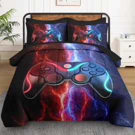 WeCozy Full Size Gaming Comforter Set, Video Game Gamepad 7 Pcs Bedding for Kids and Teens, Game-Themed Gamer Boys Room Decor with Flat Fitted Sheet