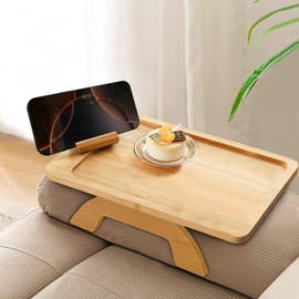 AISLE 3 ESSENTIALS Couch Armrest Table with Clip, Sofa TV Tray with Rotating Phone Mount, Wooden Portable Shelf for Food and Drinks, Compatible with Sofa Arms Measuring 2–12 Inches, Bamboo