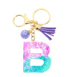 Fuqimanman2020 Glitter Letter A-Z Keychain Pink Blue Resin Alphabet Initial Letter Pendant Accessories with Purple Tassel Glass Ball-B