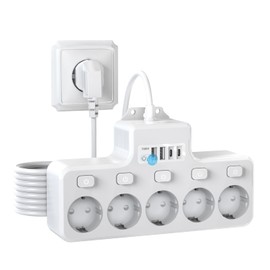 Power Strip with USB, 5 Independent Switched Sockets, Multiple Socket with USB C (PD 20 W) and 2 USB-A 5-Way Sockets, 6 ft Extension Applies for Office, Kitchen and Bedroom (White)