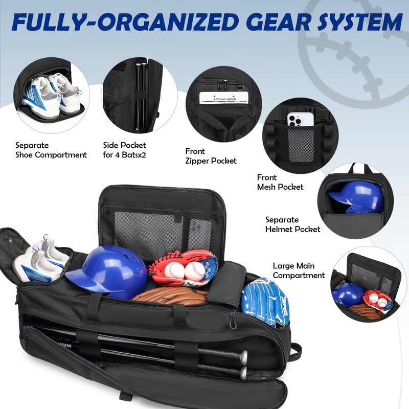 Catchers Gear Bag with Wheels for 4 Bats, Rolling Baseball