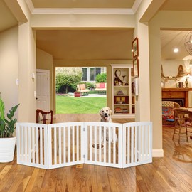 LEMY Dog Gate, Wooden Pet Door Indoor, Freestanding Dog Fence for Stairs, Hallways&Doorways, 4 Panels, White