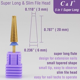 C&I 5 in 1 Nail Drill Bit Super Long Slim Efile Professional Nail Bits Nail Tech Must Have for Extension Nails Acrylic Powder Hard Gel Nail Tip Cuticle Remover Nail Supplies (Middle -M)